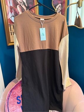 Colorblock Long Sleeve Ribbed Dress - Brown/Black/Cream